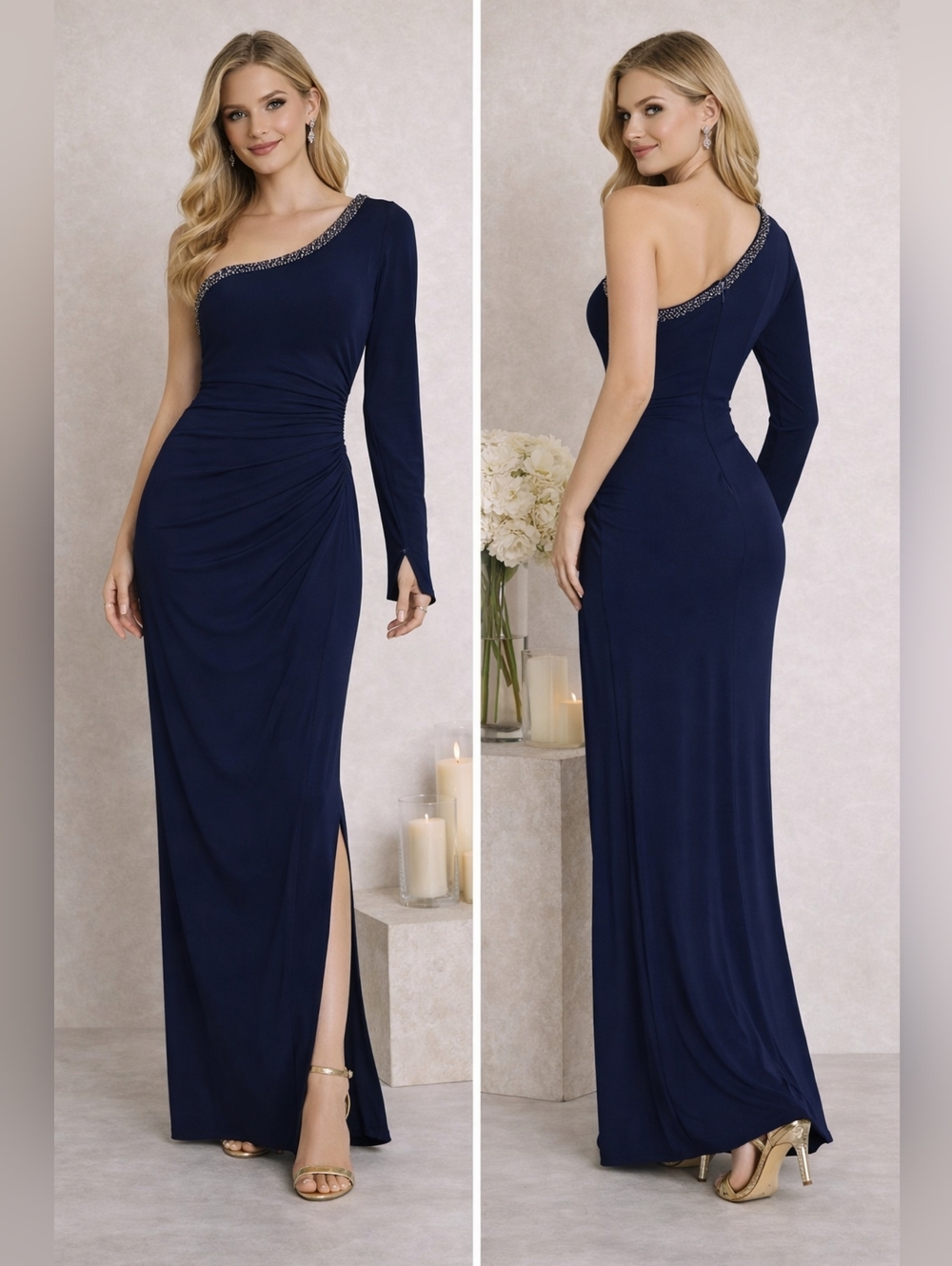 IEENA For Mac Duggal Navy One Shoulder Beaded Gown Size 8 Formal Evening Dress